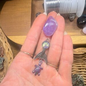 Silver Mermaid Tail and Purple Turtle Pendant